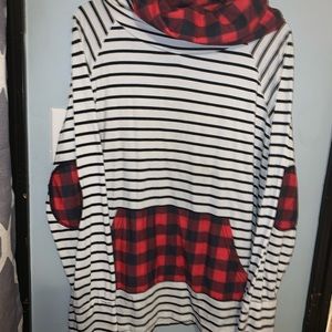 Buffalo plaid and striped cowl neck sweatshirt